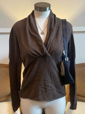 Elena Solano Brown 100% Cashmere Draped Cowl Neck Long Sleeve Babydoll Sweater M